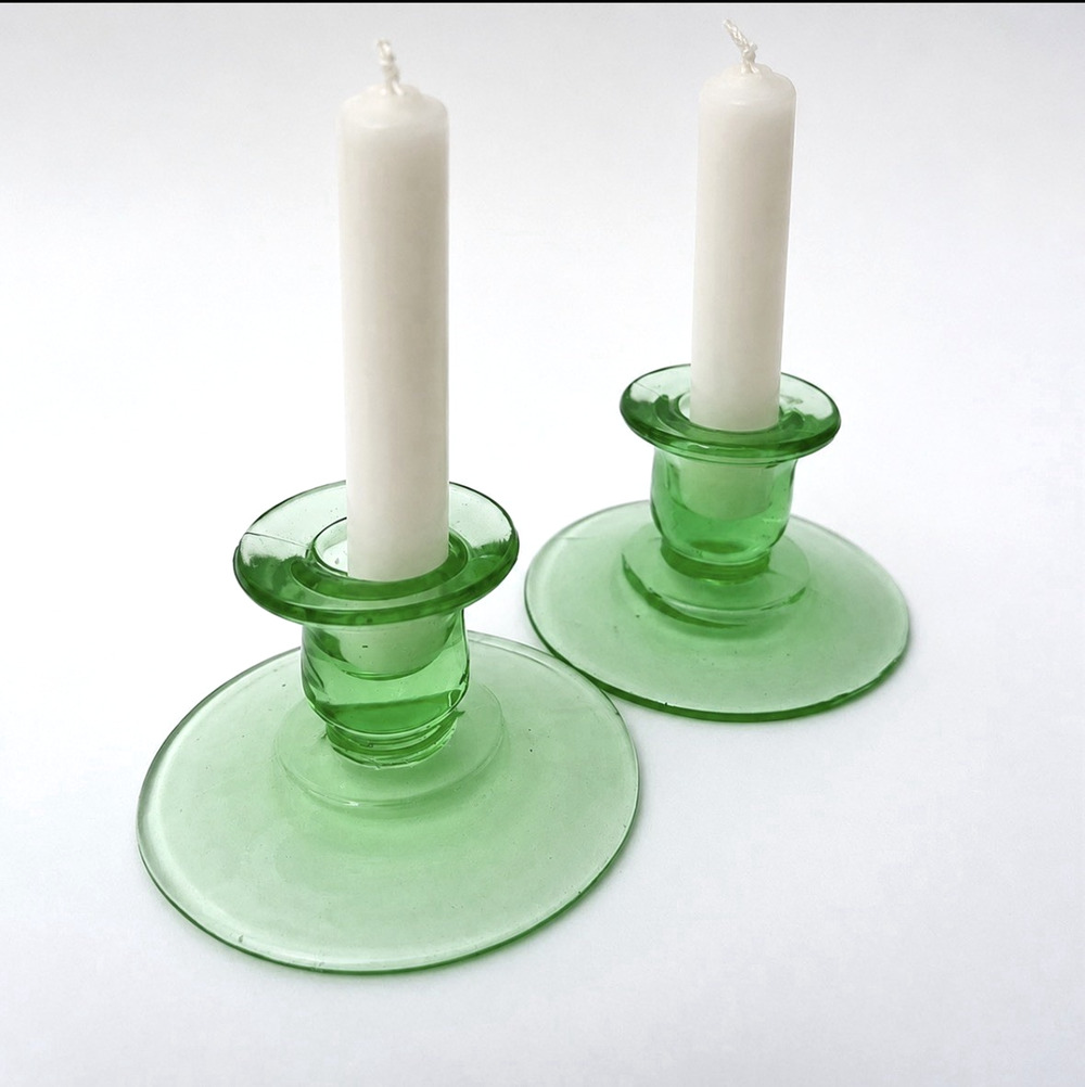 Vtg Pair 2 Candlestick Holder Set Uranium Depression Glass Green GLOWS